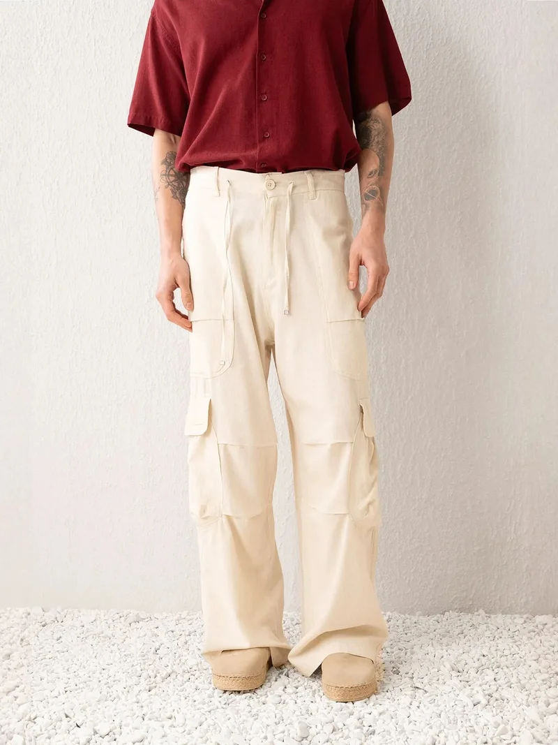 Giesto Beige Natural GIESTO Baggy Wide Leg Cargo Pants for Men | Best Price UAE